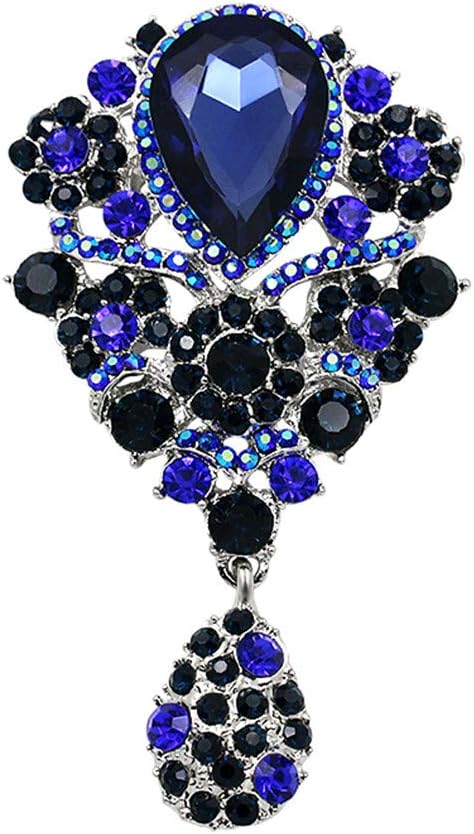 DARLING HER Blue Teardrop Crystal Diamante Brooch Pins for Women in Silver Color Plated