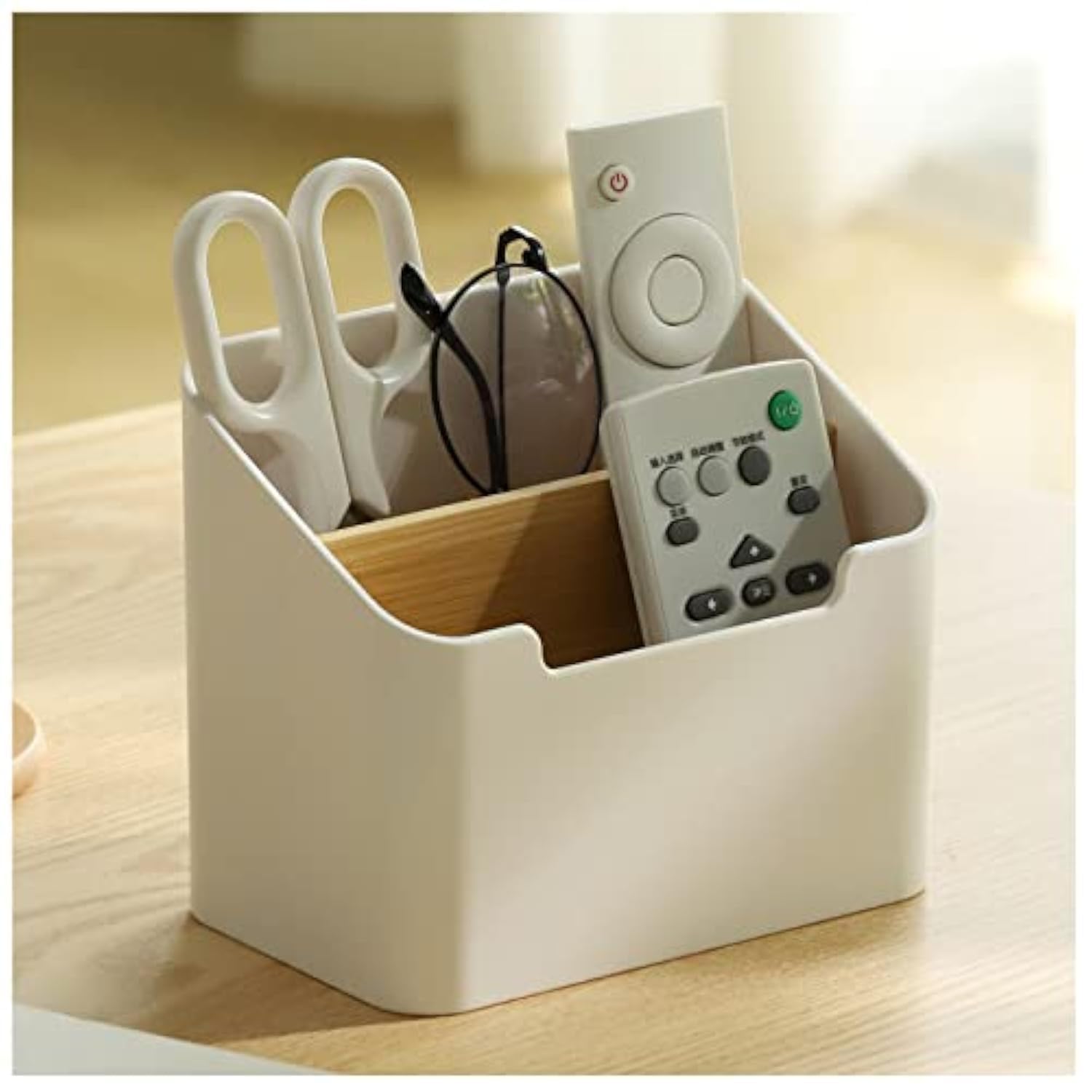 Oriental riverkit Remote Control Holder Box, Detachable Desktop Organizer, 2 Compartments Office Organizer, Plastic, White, for Pens, Make up Brush, Office Supplies, 5.6X3.6X4.7 in