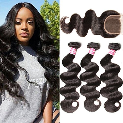 Donmily 10A Grade Brazilian Body Wave Unprocessed Brazilian Virgin Hair 4x4 Free Part Lace Closure With Cheap Human Hair Bundles 3pcs Brazilian Wavy Hair (14 16 18+12 Closure)