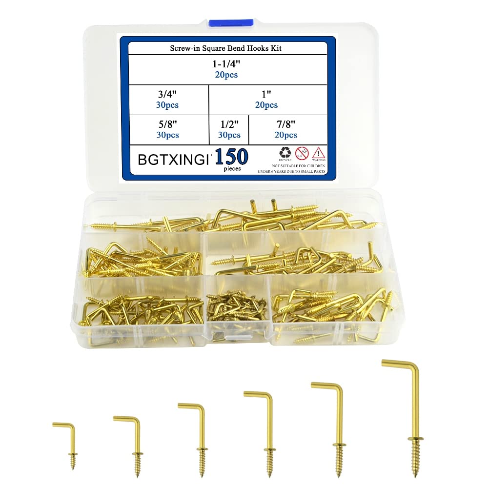 BGTXINGI 150Pcs 6 Kinds Brass Plated Screw-in Square Bend Hooks Assortment Kit L Type Self Tapping Screws Hooks Handy Hanging Hooks for Home Office and Workplace(1/2", 5/8", 3/4", 7/8", 1'', 1-1/4")
