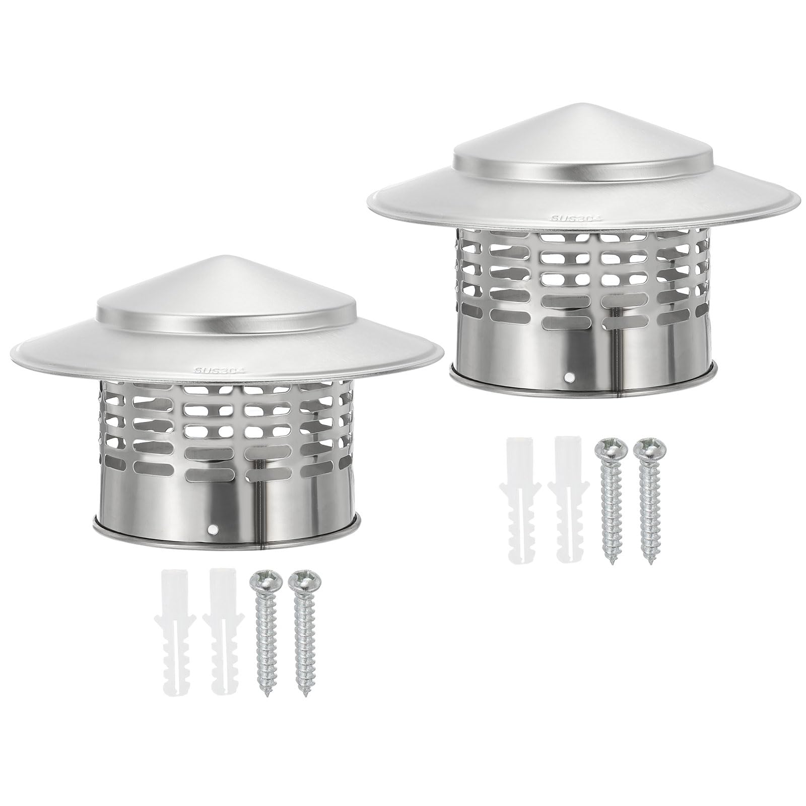PATIKIL 4" Chimney Cap, 2pcs 304 Stainless Steel Round Chimney Cover Cap Hood Screen Roof Vent with Screws for Fireplace Exhaust Exterior Stove Pipe