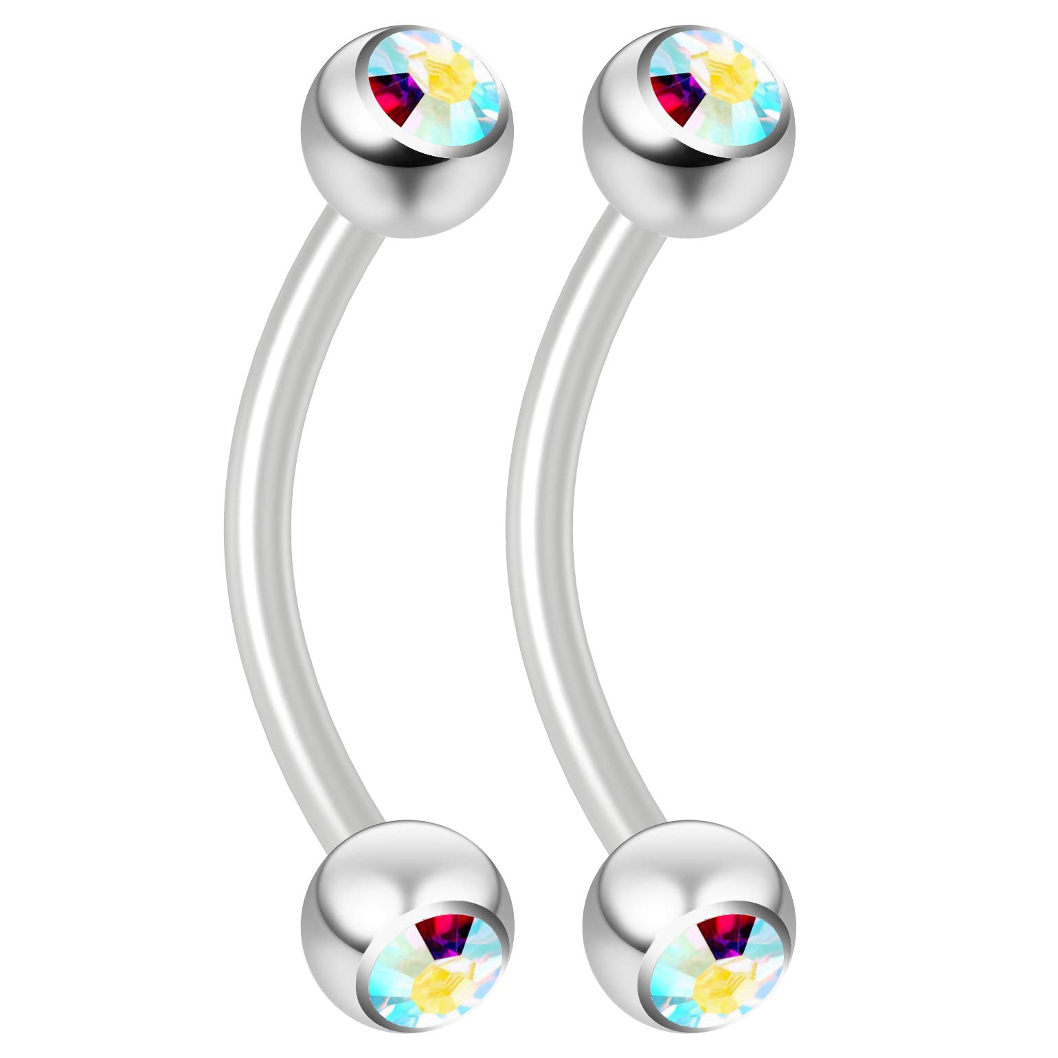 Bling Piercing 2pc 16g Flexible Bioflex Curved Barbell Crystal Aurora Borealis 10mm Bioplast Banana Bar