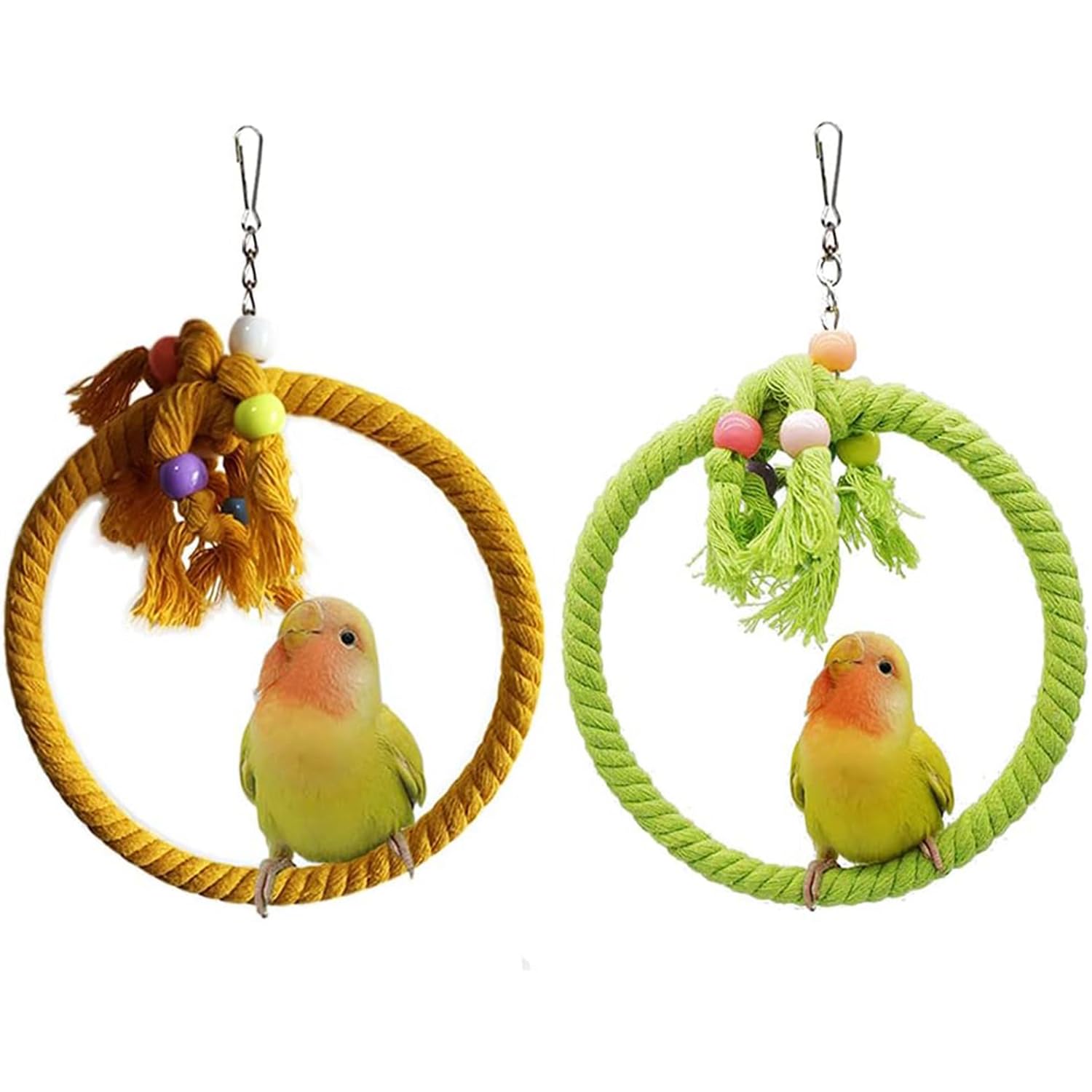 2 Pcs Cotton Rope Bird Swing with Ring, Chewing & Hanging Toys for Parrots, Budgies, Cockatiels, Canaries, and Parakeets