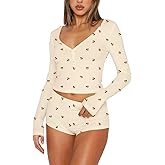 Ezbelle Lounge Set Women's V Neck Pajama Sets Ribbed Knit Button Down Shirt Long Sleeve 2 Piece Outfit Shorts Floral Graphic