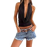 Women Sexy Backless Halter Top Cowl Neck Tank Top Y2k Open Back Going Out Ruched Concert Rave Cami Shirt