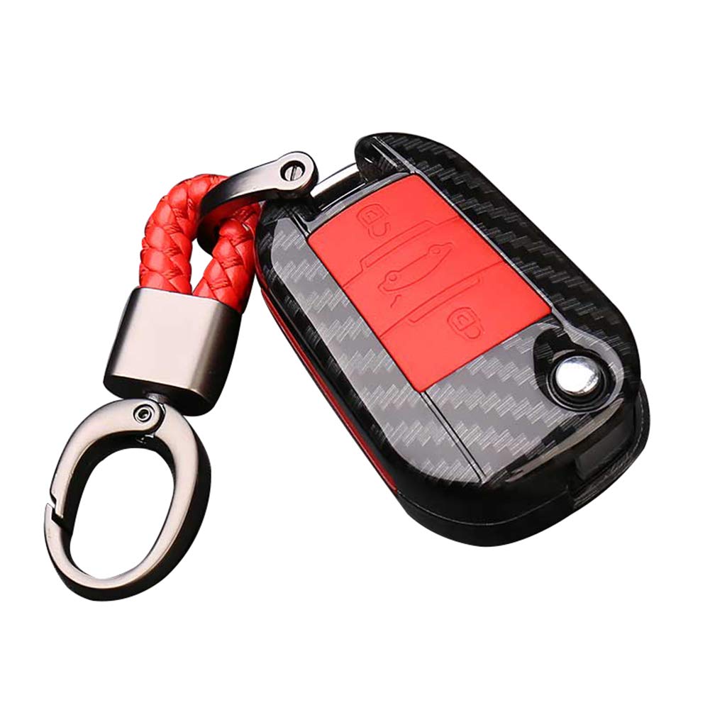 Happyit ABS Carbon Fiber Shell + Silicone Car Key Case Cover Keychain for Peugeot 508 301 2008 3008 408 for Citroen C4L CACTUS C5 C2 C3 C4 C6 C8 Picasso Xsara (Red)