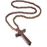 MEALGUET Large Wooded Cross Necklace Big Beaded Religious Christian Catholic Crucifix Rosary Cross Necklace Costume Accessories for Women