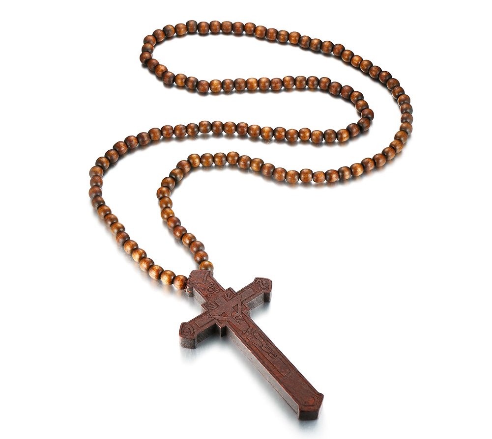 VNOX Wooden Large Long Crucifix Rosary Cross Smooth Beads Catholic Jesus Cross Pendant Necklace for Men Women Brown