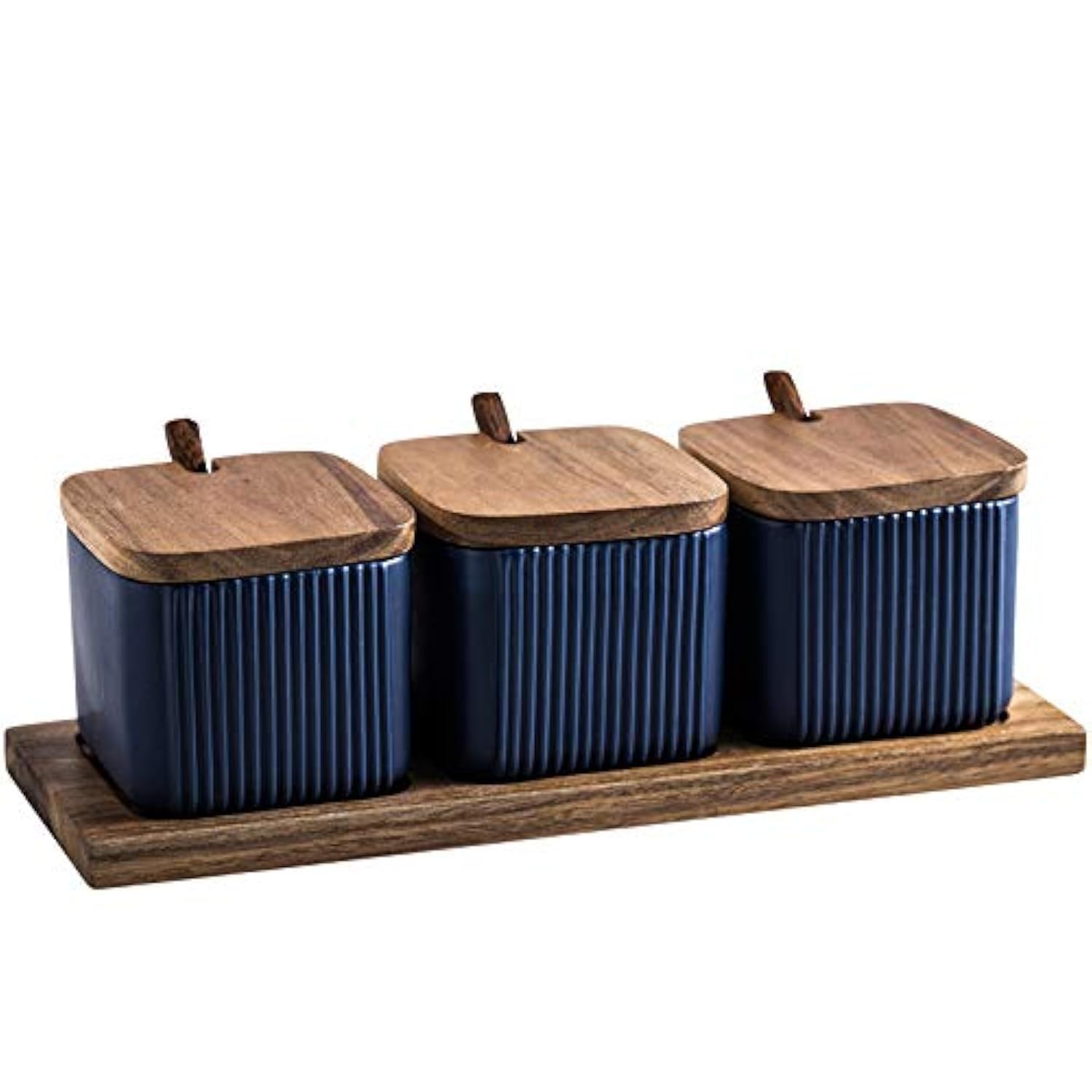 soulnioi Blue Ceramic Combination Seasoning Jar in 3,Square Seasoning Jar With Spoon,Ceramic Spice Jar With Wood Lid Salt Container Sugar Bowl