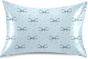KOPIRIT Blue Ribbon Bow Pillow Covers Silk Pillowcase for Hair and Skin Soft Smooth Breathable Cooling Satin Pillowcase Standard Size Pillow Case for Women Girls 20x26 Inch