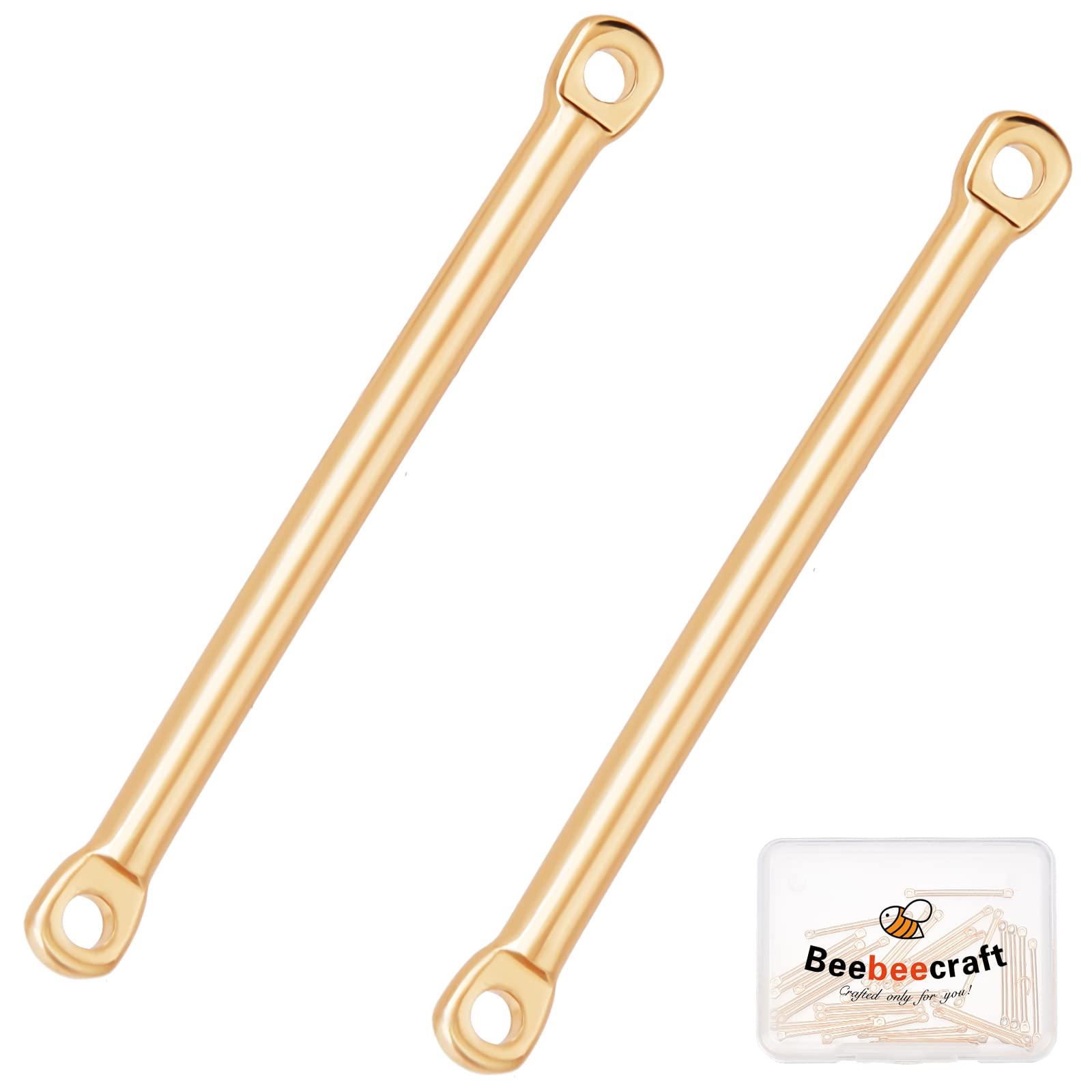 Beebeecraft 30Pcs 18K Gold Plated Bar Link Connectors 2-Hole Stick Strip Connectors Pendant Charms 25mmx2mm for Bracelet Necklace Jewelry Making