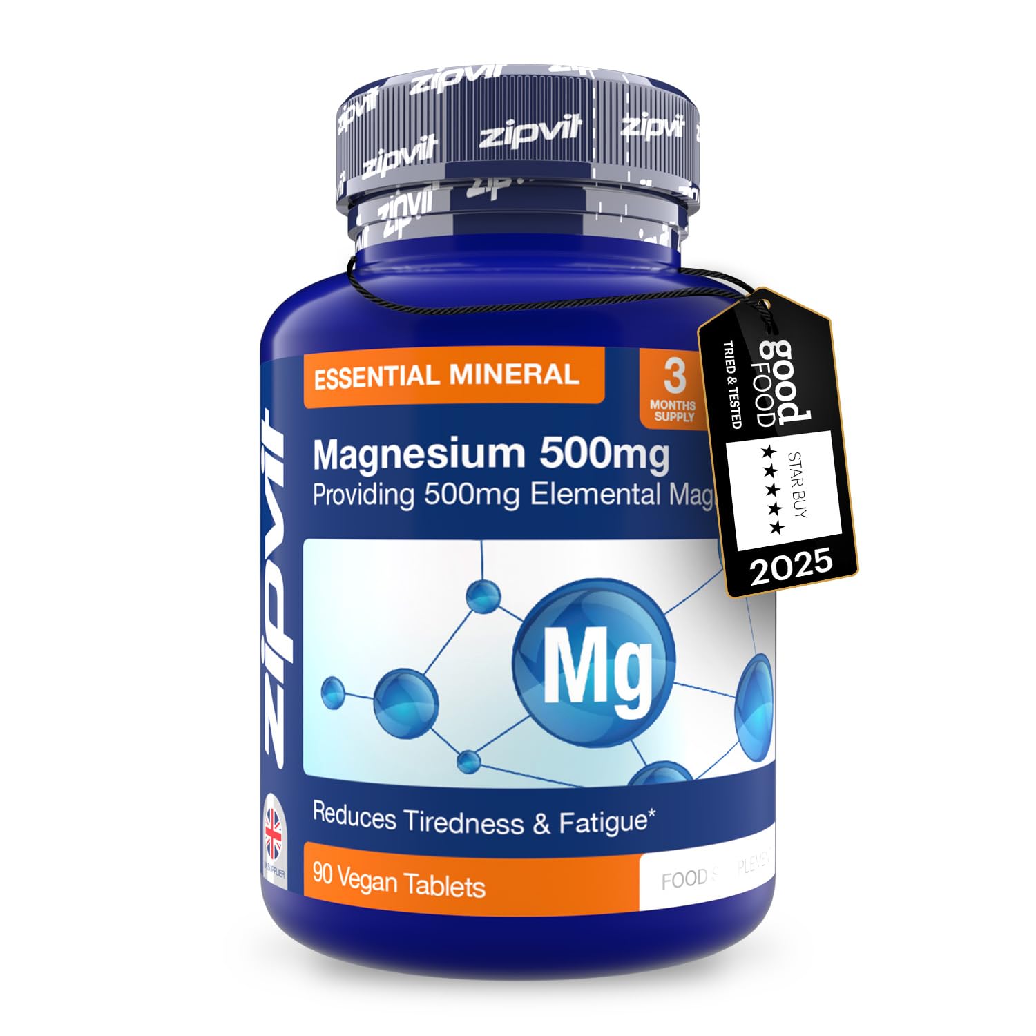 Zipvit Magnesium 500mg of Elemental, High-Strength Magnesium Supplement, 3 Month Supply, 90 Vegan Tablets, Supports Muscle, Bone & Energy