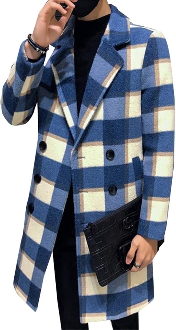M&S&W Men Winter Plaid Trench Coat DoubleBreasted Long Wool Peacoat