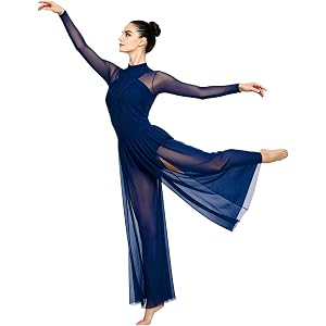 Yyuihri Women's Lyrical Dance Costume Contemporary Dancewear | One-piece design,Long sleeve,Flowy mesh split pants,For modern