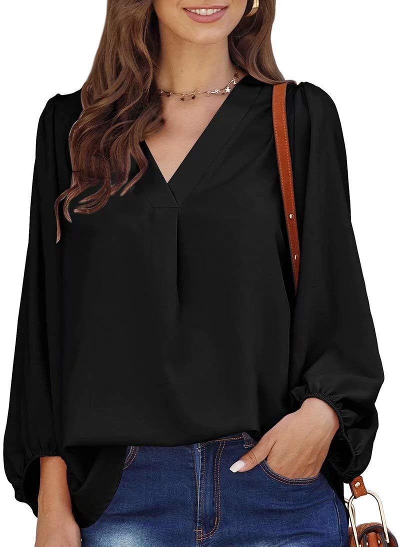 Aixy Black Blouses for Women Work Flowy Tops Lantern Long Sleeves Plus Size Shirts