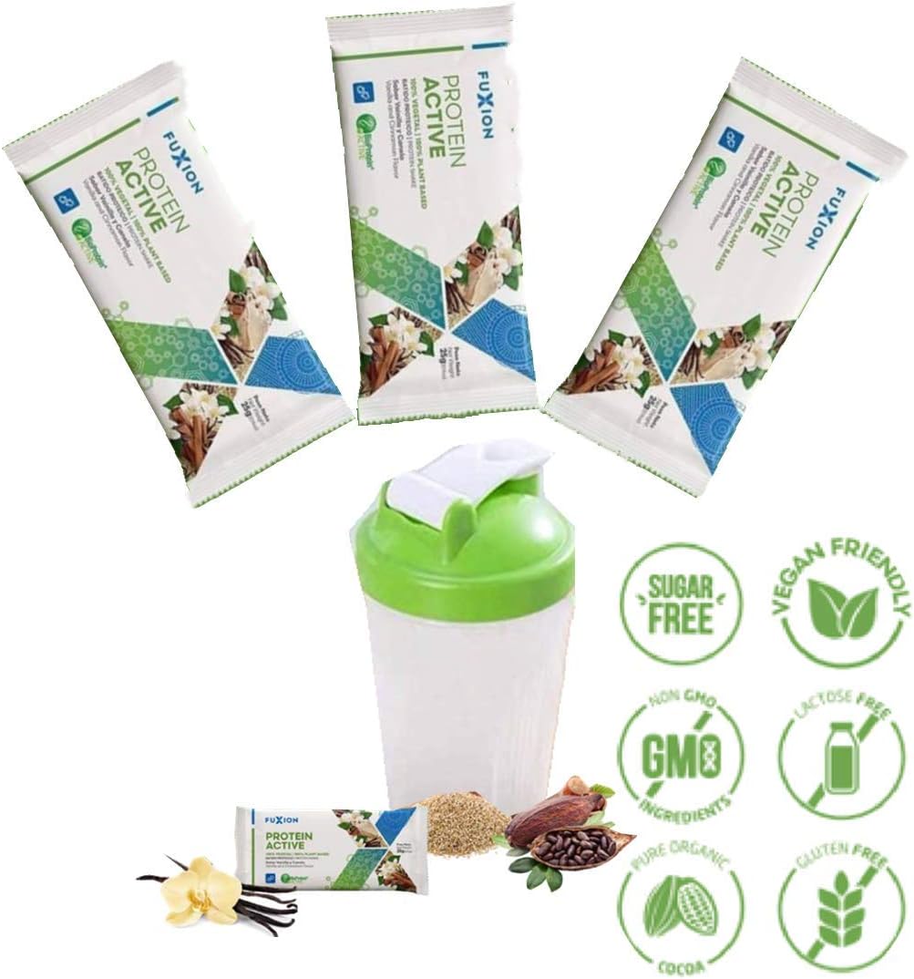 FuXion Protein Active Fit Nutritional Shake Mix Vanilla - 100% Plant Based w. BioProtein & Enzymes - Low Carb/Non GMO/Non Dairy/Gluten Free/Sugar Free - 3 Sachets w. Blender Bottle (Color May Vary): Health & Personal Care