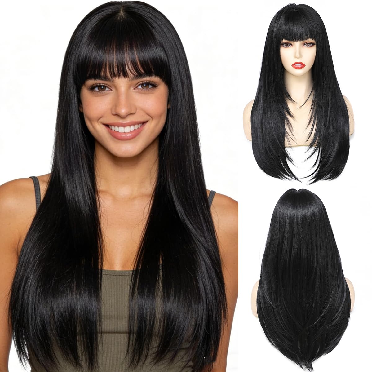 Yamel Hair Wigs with Fringe Black 24 Inch Adjustable Cosplay or Daily Natural Straight Long Wigs for Women Lady