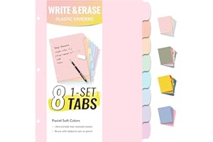 Sooez 8 Tabs Long-Lasting Plastic Write & Erase Large Tabs Dividers for 3 Ring Binder, Aesthetic Cute Pastels Binder Dividers for Student, Teacher, Office, Home Organizers, 1 Set, Pastels Color