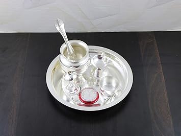 GoldGiftIdeas Silver-Plated Kalash Tarbhana Pooja Thali Set (Silver)