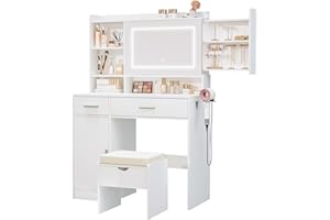 Viaozutis Vanity Desk with Mirror and Lights, with Hidden Shelves,4 Compartments,2 Drawers,Cabinet & Stool,Dimmable LED Lights,Power Outlets, Ideal for Bedroom Vanity Organization(White)