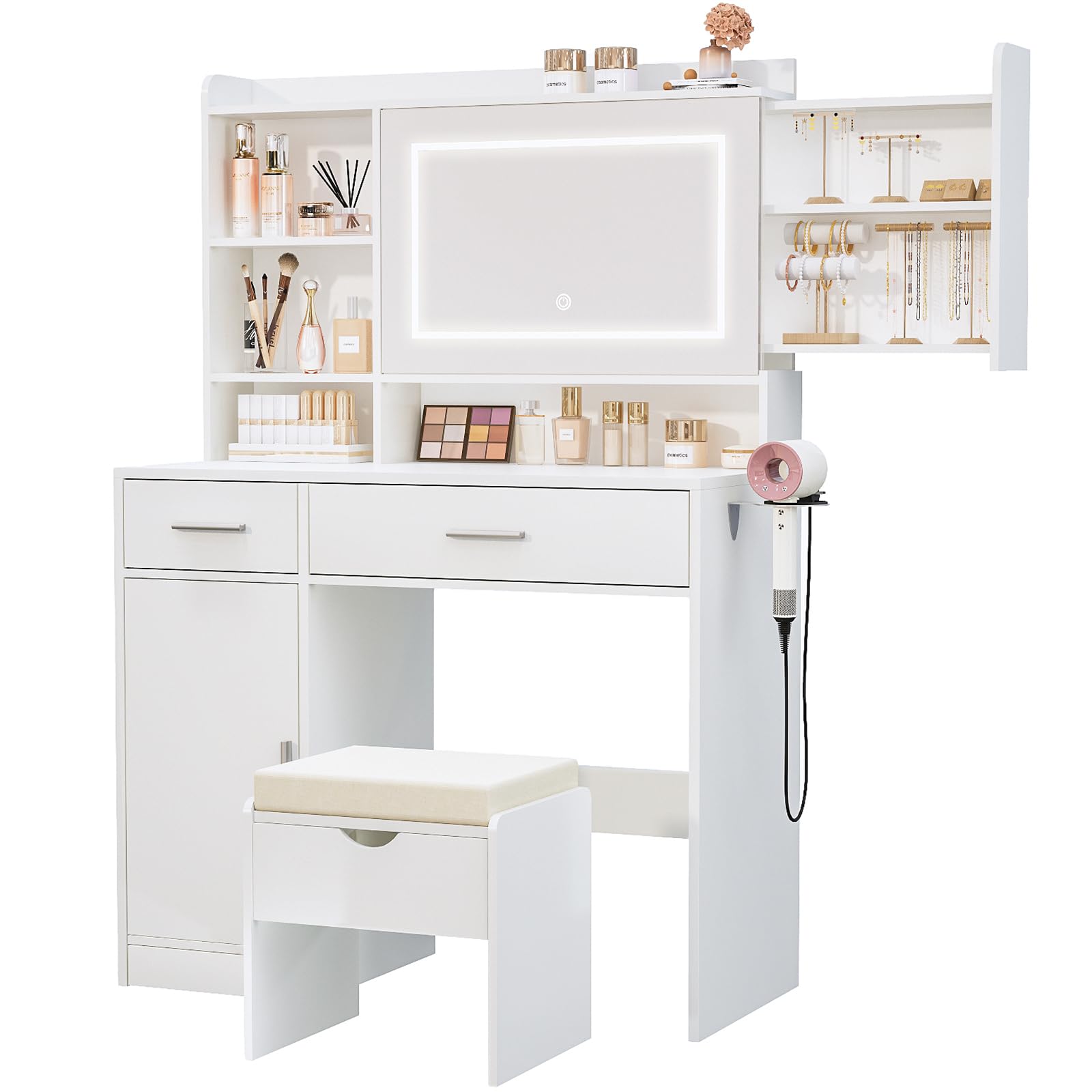 Photo 1 of (damaged/ for parts) Viaozutis Vanity Desk with Mirror and Lights, with Hidden Shelves,4 Compartments,2 Drawers,Cabinet & Stool,Dimmable LED Lights,Power Outlets, Ideal for Bedroom Vanity Organization(White)