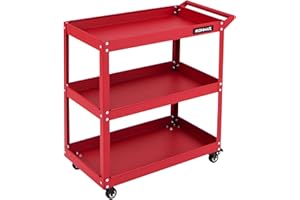 IRONMAX 3 Tier Utility Cart, Heavy Duty Steel Push Service Cart with Lockable 360 Degree Casters, 3 Shelf Tool Cart on Wheels for Garage Office Workshop Warehouse Kitchen (Red)