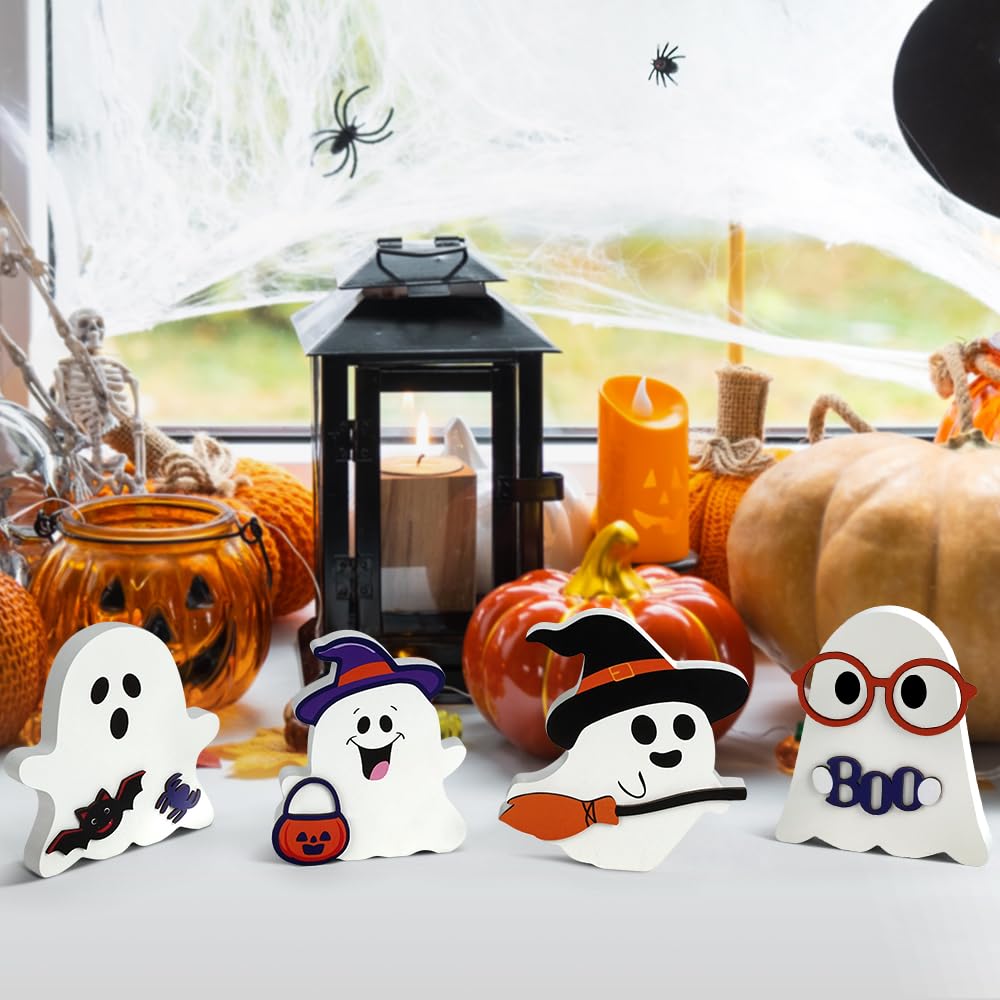 AKEROCK Cute Halloween Decorations Indoor - Halloween Decor/Ghost Decor, 4 PCS Wooden Ghost Halloween Signs for Table, Office Desk, Tiered Tray, Fireplace Mantle - Spooky Halloween Ghost Decorations