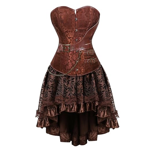 aizen Damen Gothic Steampunk Schädel Korsett Kleid Spitze Kostüm Burlesque Vollbrust Corsagen Set Leder Retro Gothic Hallowee
