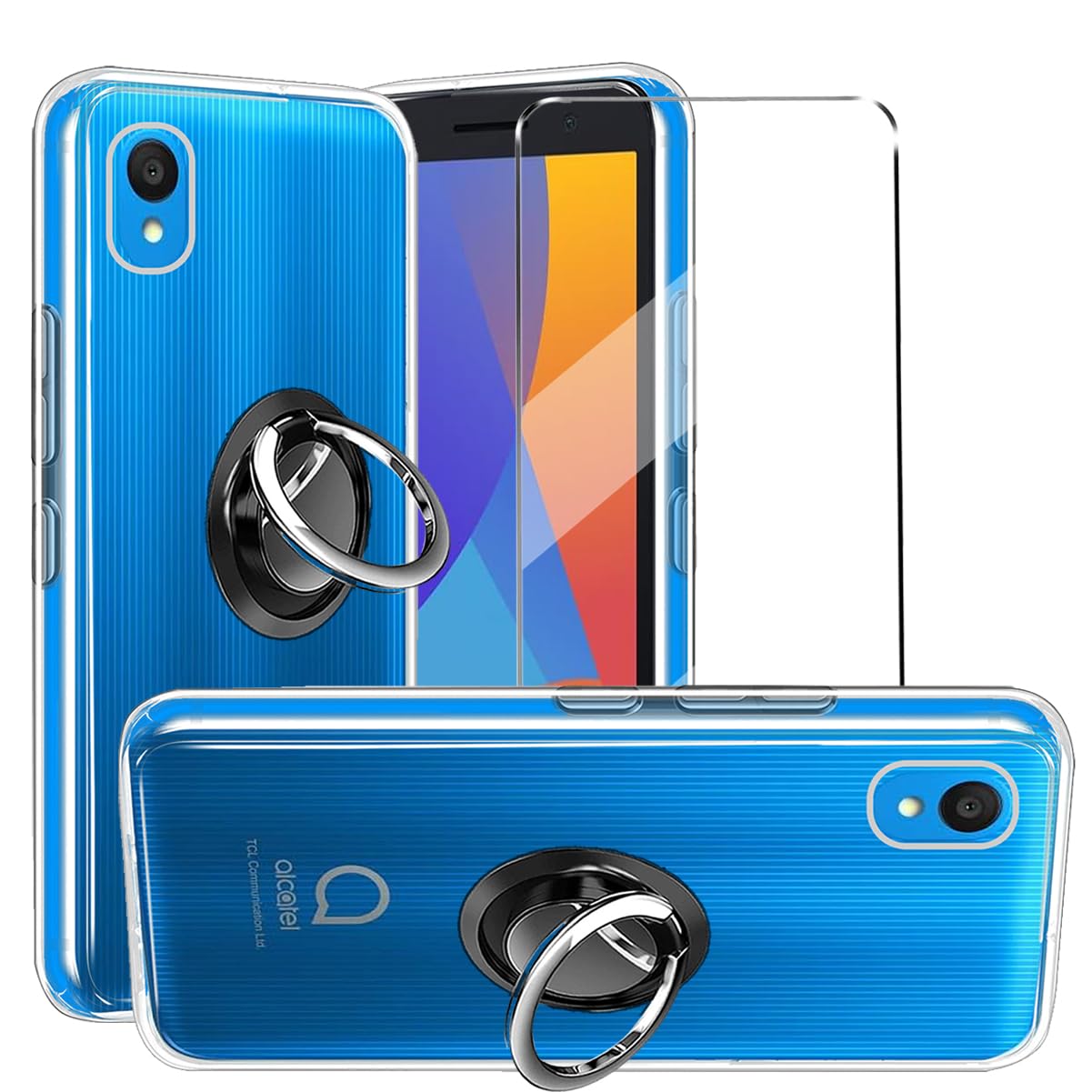 3-in-1 Case + Phone holder Ring Compatible with Alcatel 1 2021 Cover with 1 Pack Tempered Glass Screen Protector for Alcatel 1 2021, Slim Fit Soft TPU Shockproof Anti-Scratch Phone Case Cover - Clear — image 1