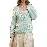 Migratory Bird Guide Y2k Sweater Cardigan for Women, Long Sleeve V-Neck Button Crochet Flower Knit Womens Clothes.