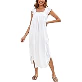 Bsubseach Long Beach Cover Ups for Women Ruffle Cap Short Sleeve Swimsuit Coverup Casual Square Neck Maxi Dresses