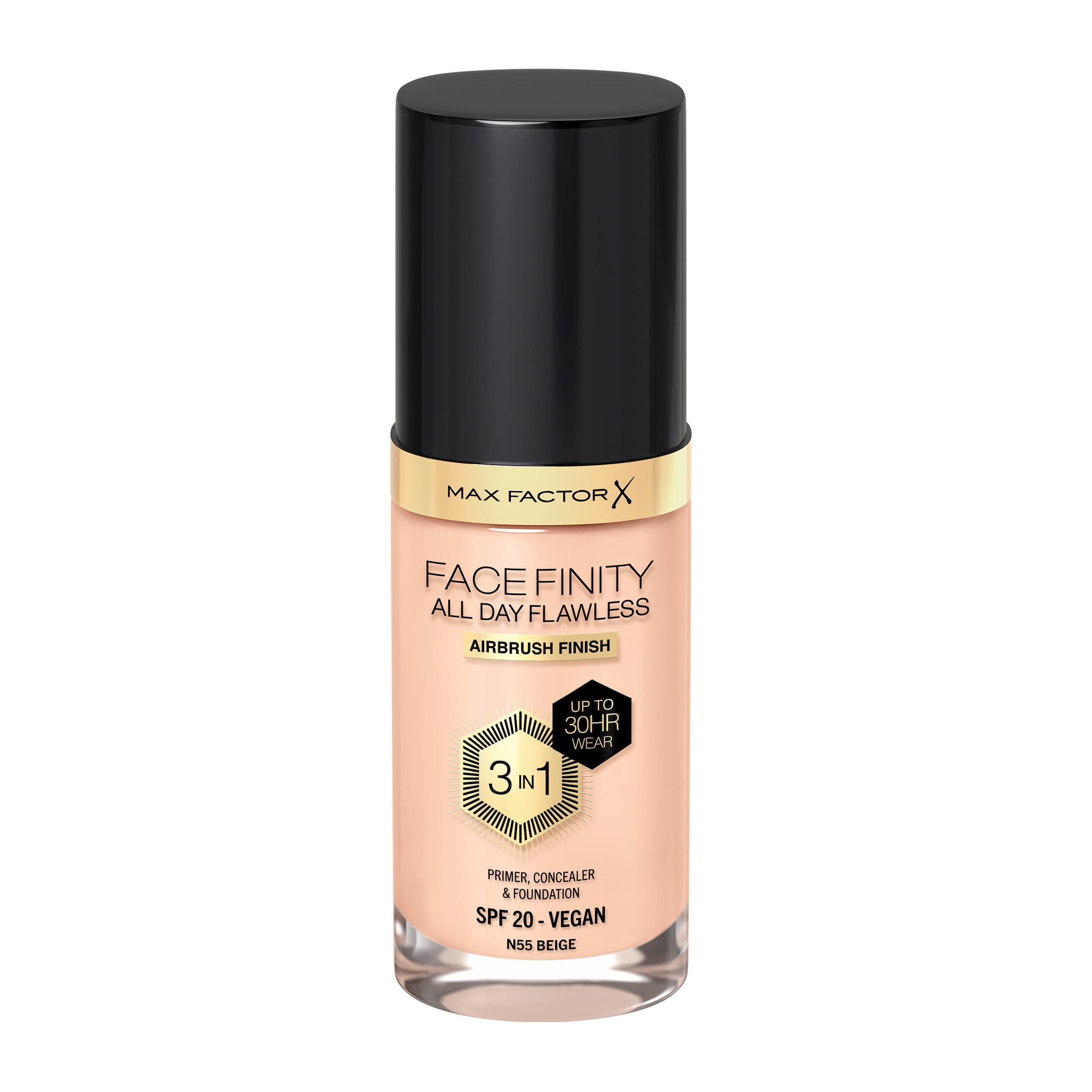 Max Factor Facefinity 3-in-1 All Day Flawless Liquid Foundation, SPF 20 - 55 Beige (Packaging May Vary)