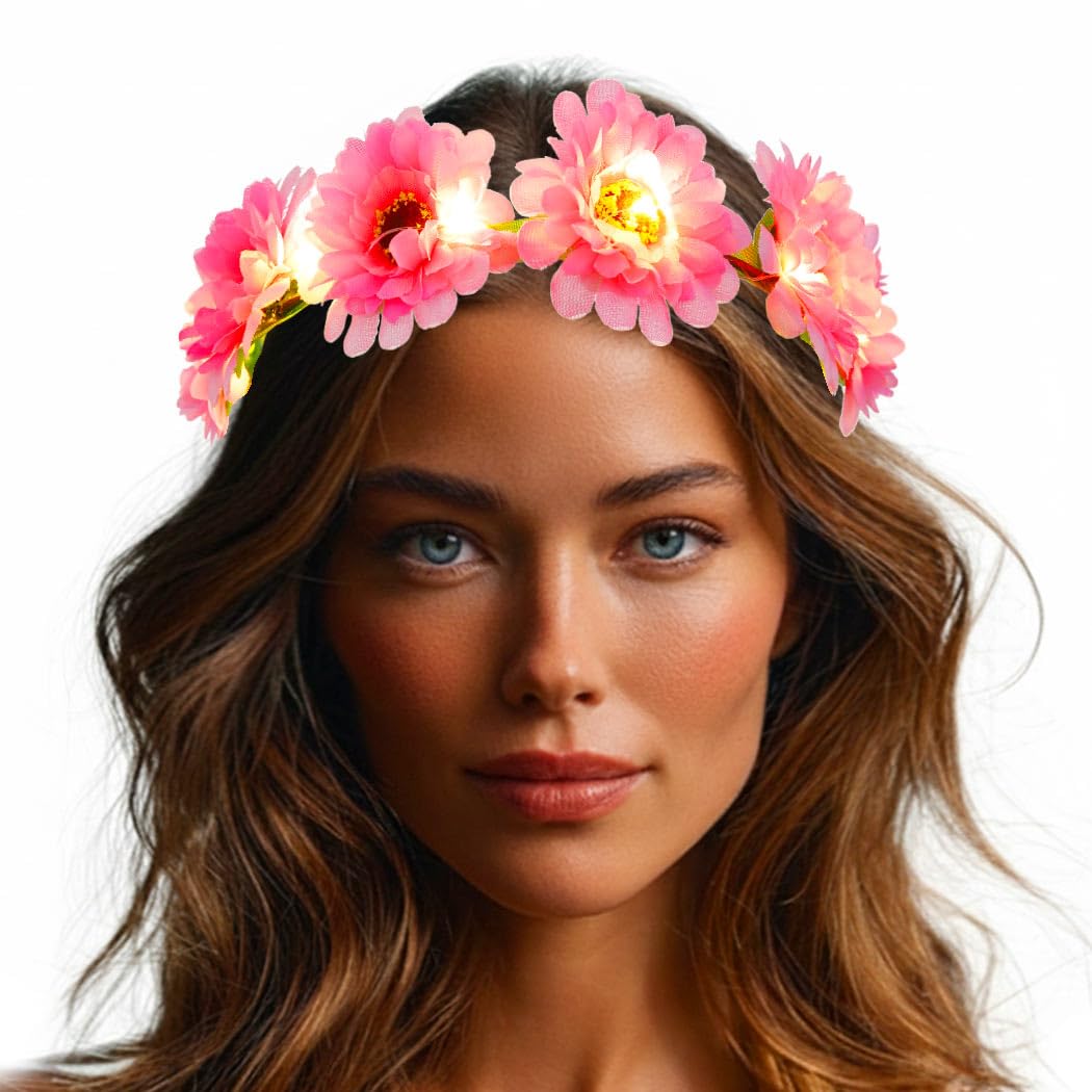 Edary LED Flower Crown Headband Light Up Hair Wreath Headbands Bridal Floral Headpiece Festival Hair Accessories for Women