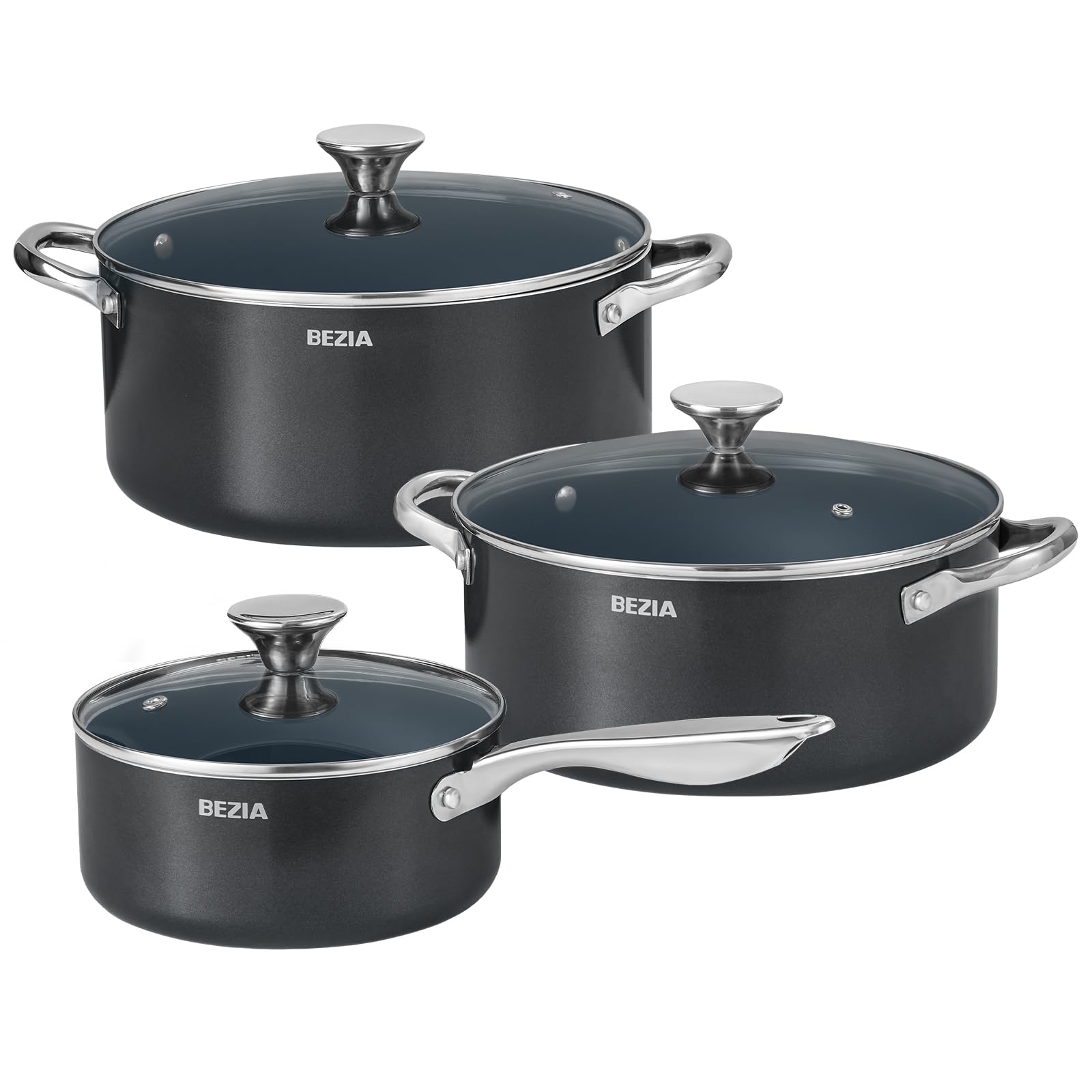 Photo 1 of Induction Cookware Set 6-Piece, Stackable Kitchen Cooking Pots Set, 6qt 4.8qt & 2qt Pots with Lids, Dishwasher Safe & Oven Safe, Compatible with All Stoves, Black