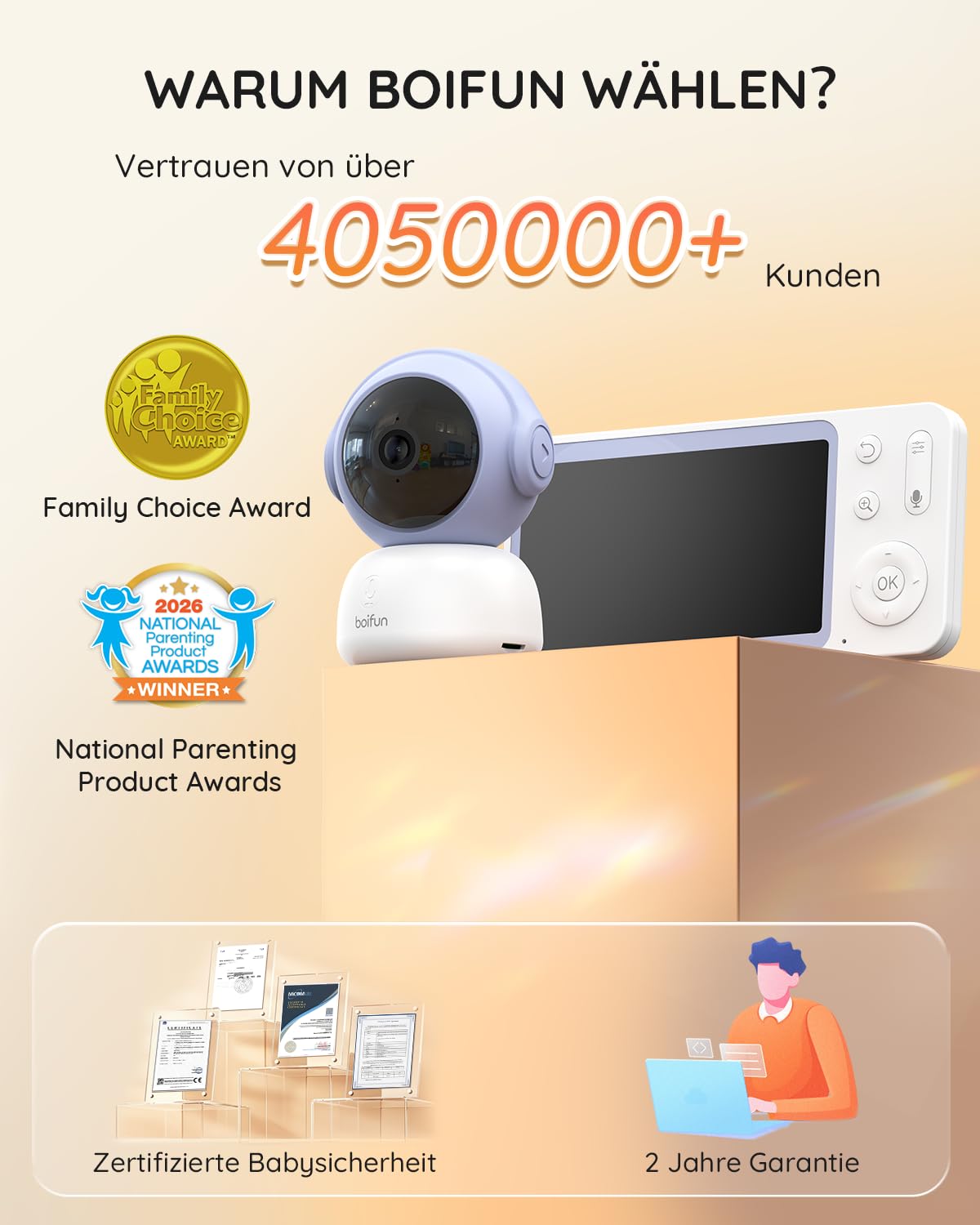 BOIFUN 2026 2K/3MP Babyphone mit Kamera WLAN, Nachtsicht ohne Sichtbares Licht, 5" Video Babyfon mit App, 360° Automatische Verfolgung, Weinen-, Bewegungs- und Geräuscherkennung, Temperaturerkennung 2