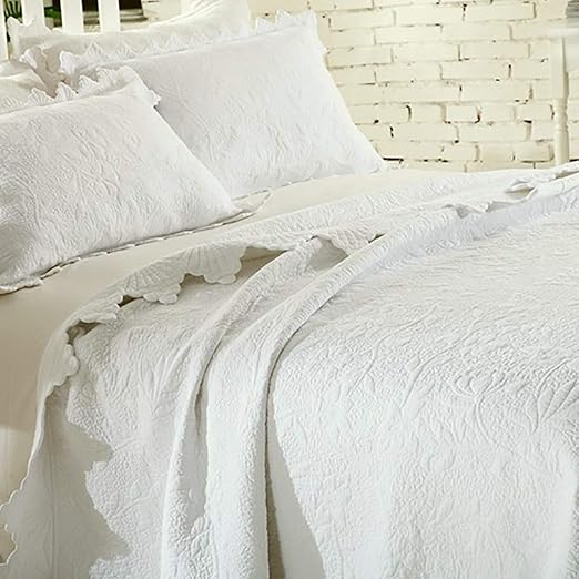 White Quilted Bedspread Double/King Size Embroiderer Cotton Washable