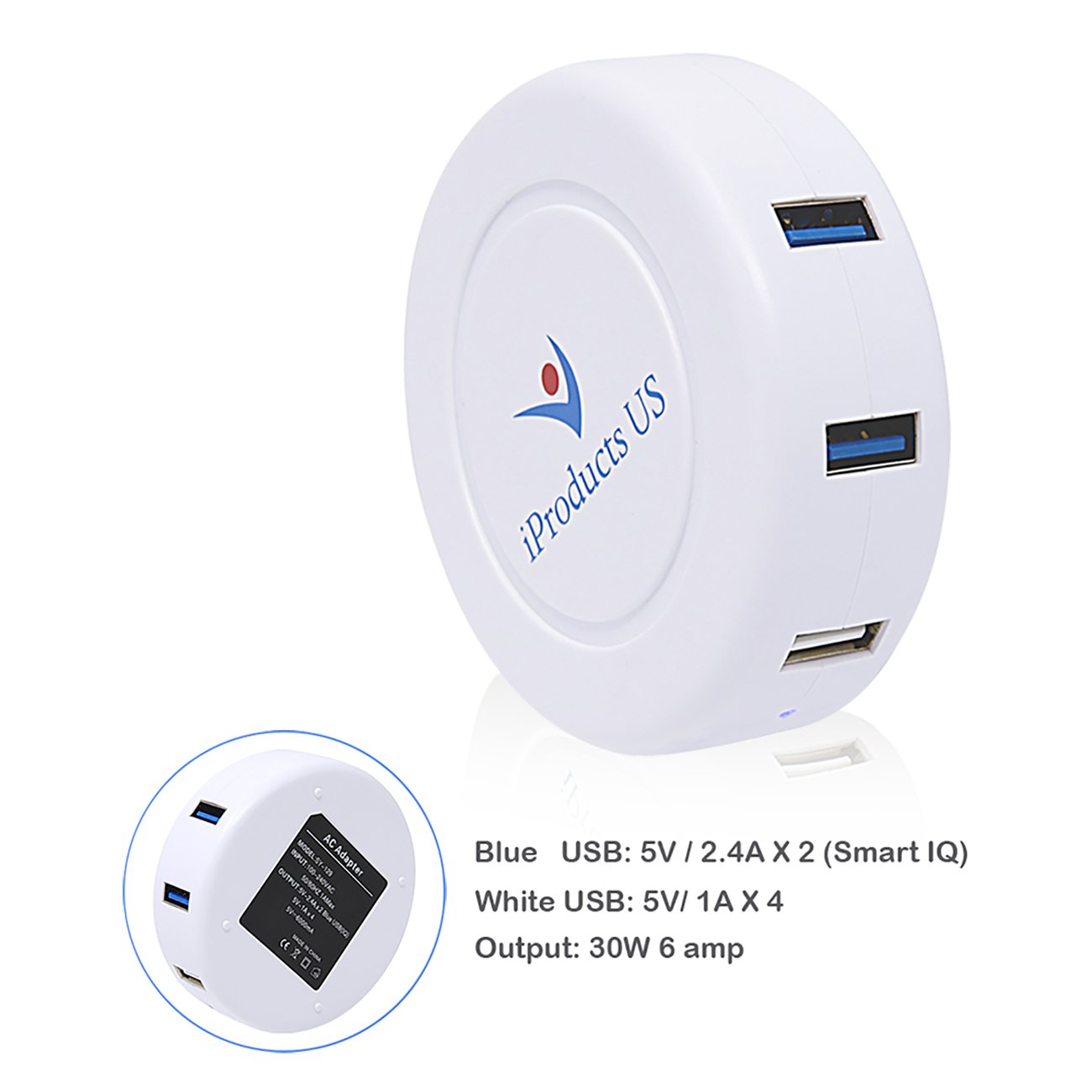 Charging Station iProductsUS Smart Charger Universal USB Charging Dock Multi 6-Port charger for iPhone iPad Samsung Galaxy LG and All of the Smart Cell Phones and Electronic Devices (White)