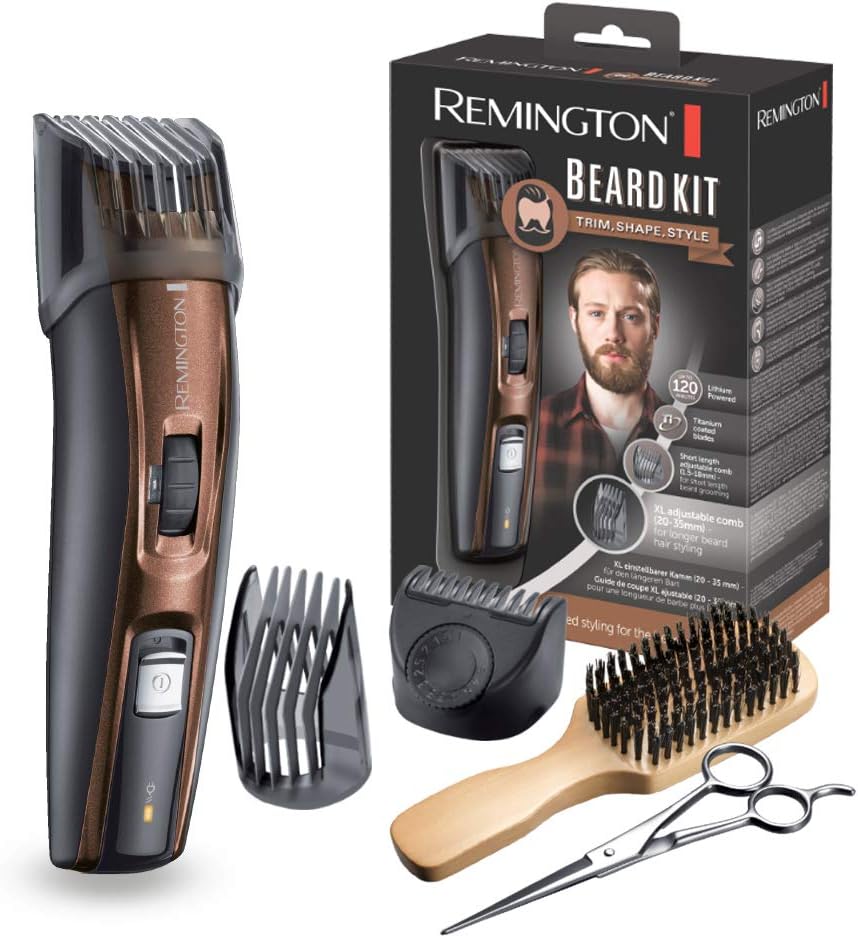 Remington Barttrimmer Herren Set (inkl. XL-Kamm für Vollbart), 3 Aufsteckkämme (Stoppel-, kurzer &amp; XL Kamm), titanbeschichtete, selbstschärfende Klingen, Bartschneider, Bartschneidemaschine MB4045