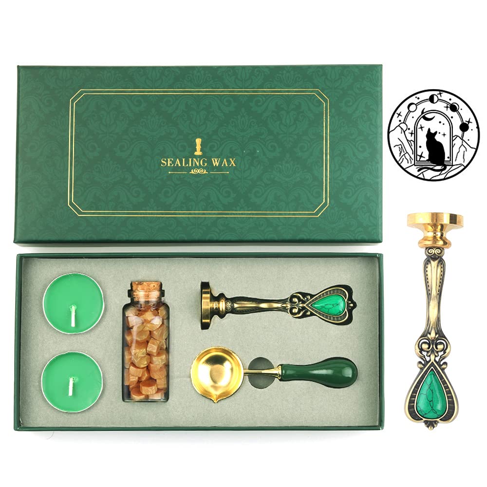 ANBOSE - Cat Wax Seal Stamp Set with Removable Brass Head, Copper Sealing Wax Beads, Spoon, Candles, Retro, Vintage, Moon, Star, Cat, for Letters, Cards and