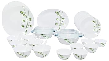 Diva Green Foliage Glass Dinner Set, 35 Piece, White
