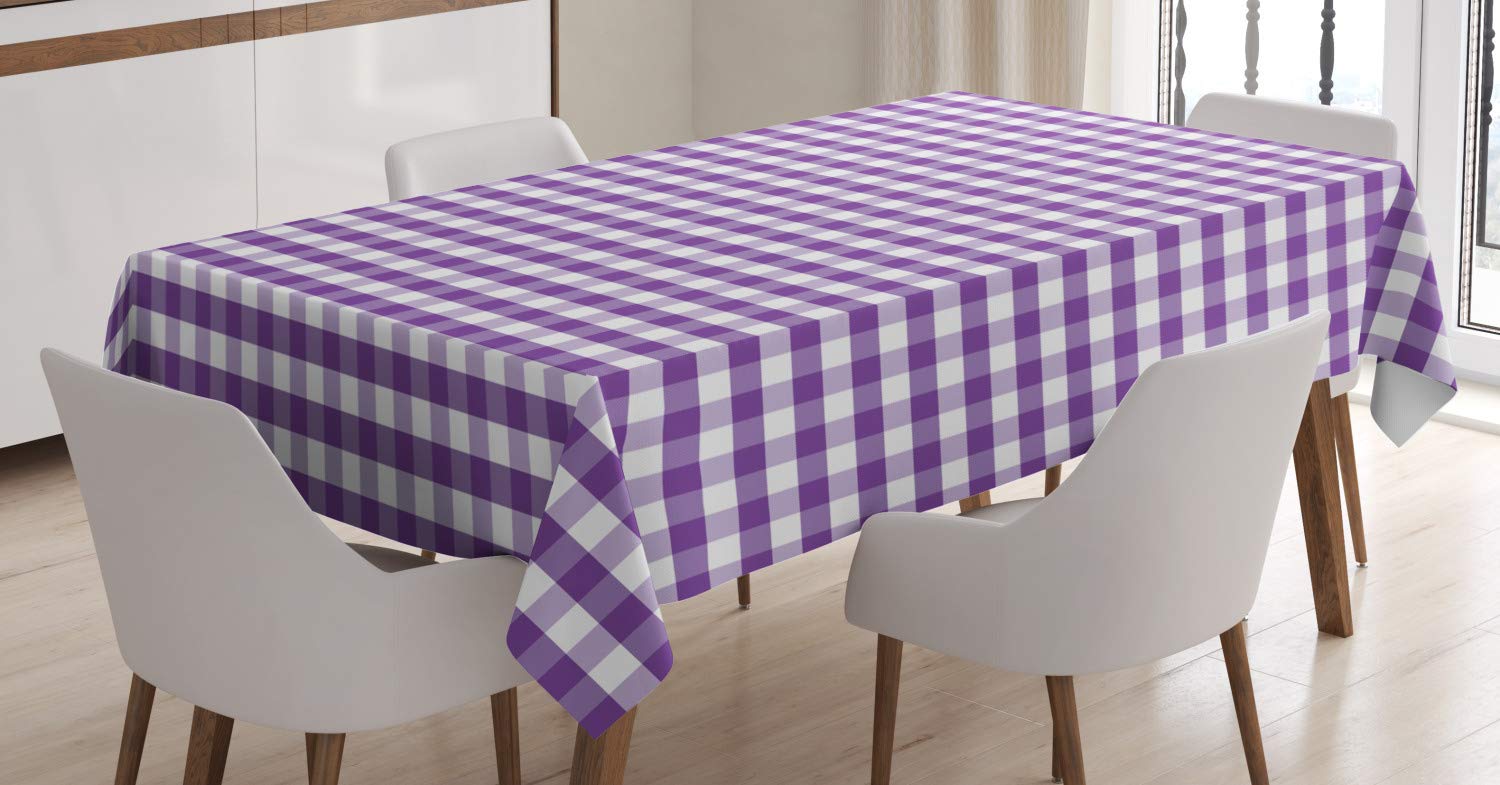 ABAKUHAUS Checkered Tablecloth, Purple and White Colored Gingham Checks Rows Picnic Theme Vintage Style Print, Dining Room Kitchen Table Cover, 54" x 78", Purple White
