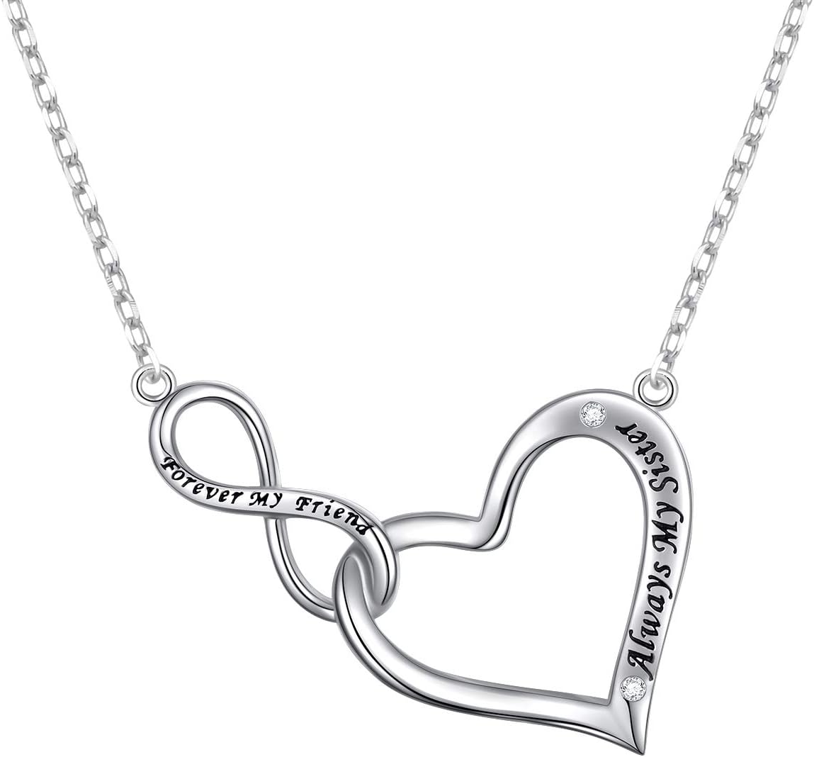 DAOCHONG925 Sterling Silver Cubic Zirconia Always My Sister Forever My Friend Infinity Heart Friendship Pendant Necklace for Women BFF Gifts Mother's Day