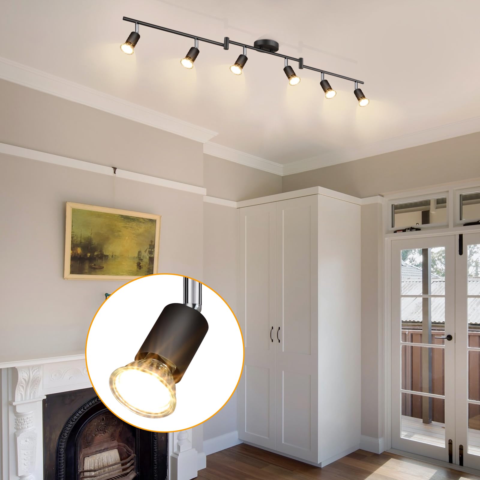 DINGLILIGHTING 6 Way LED Ceiling Spot Lights Rotatable, Track Light Black Spotlight Bar for Kitchen, Living Room, Bedroom, Matt Black & Swivelling Design, 6X 6W GU10 LED Bulbs Included