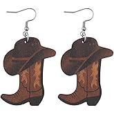 Western Country Cool Cowgirl Cowboy Boot Hat Double-sided Print Lightweight Wooden Drop Dangle Earrings Y2K Boho Vintage Party Cute Jewelry for Women