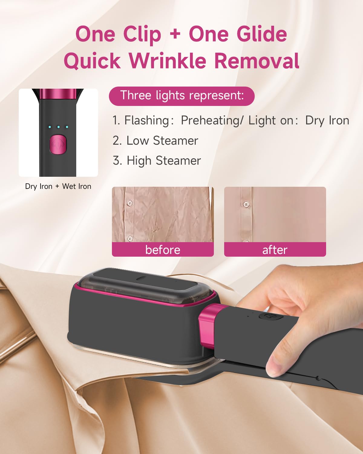 3-in-1 Travel Press Iron Steamer for Clothes, 1000W, 20s Fast Heat Up, 180° Rotating, Portable Handheld Clamp & Vertical Steamer, 65ml Tank, Gray