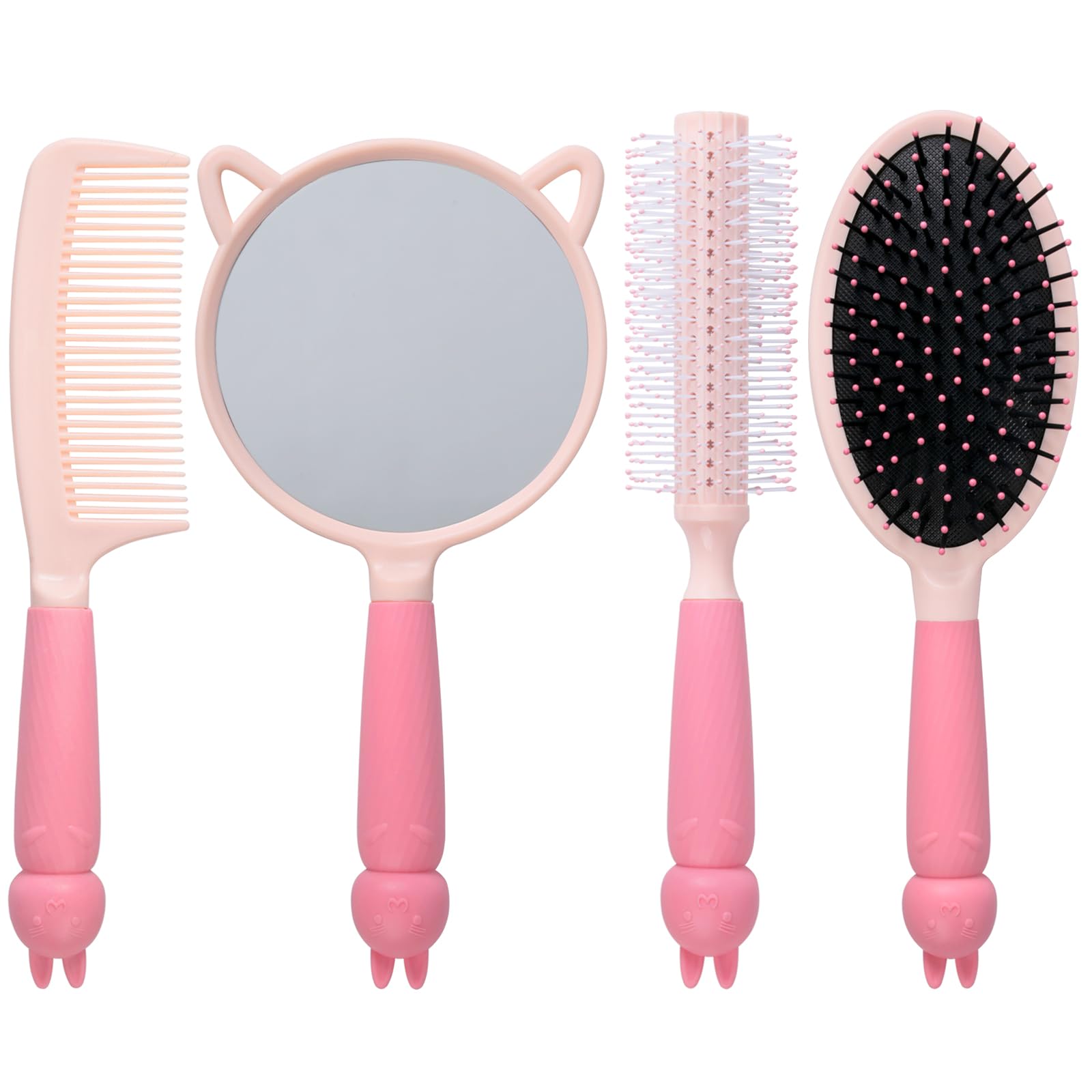 MEGAVOW 4 Pcs Cute Hairbrush Hand Mirror Set, Detangle Massage Comb, Fine Tooth Comb, Rabbit Personalised Handheld Mirror, Round Curly Brush for Girls Wet Dry Hair Styling (Pink)