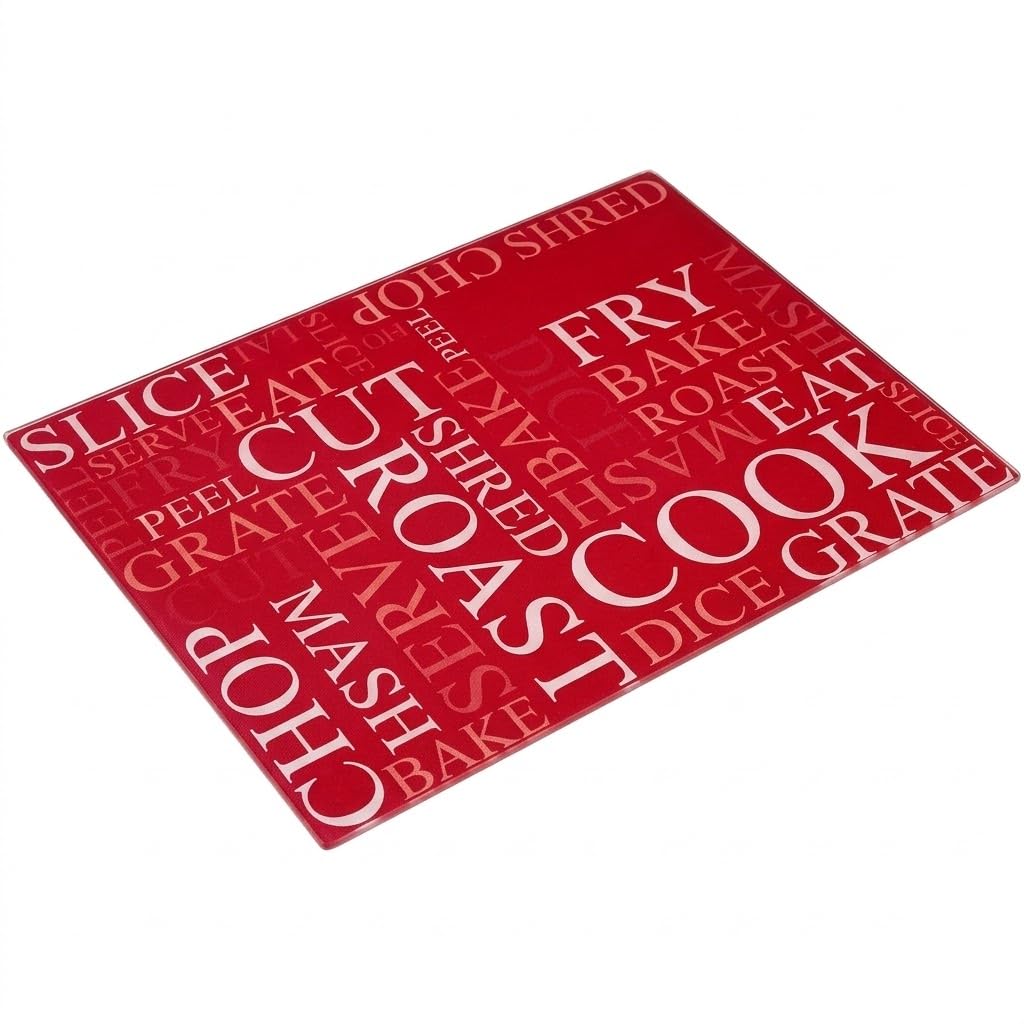 Acense Tempered Glass Worktop Saver, Toughened Glass Chopping Board with Smooth Edges, Rounded Corners, Non-Slip Rubber Feet, Multi-Purpose, Stain-Resistant, 40 x 30 cm, Red with White Writing