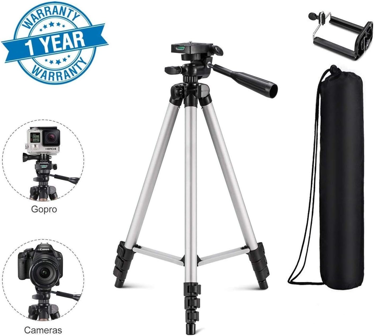 SHOPTOSHOP Adjustable Aluminium Alloy Tripod Stand Holder for Mobile Phones, 360 mm -1050 mm, 1/4 inch Screw Metal Body (Silver and Black) (Camera Stand)