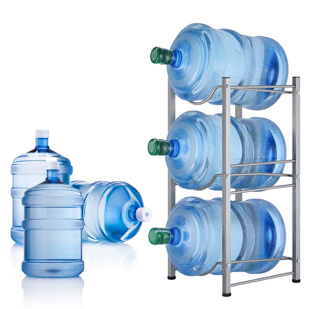 5 Gallon Water Bottle Rack Holder - 3-Tier Organizer With Locking Casters & Wood Top Shelf, Heavy Duty, Black