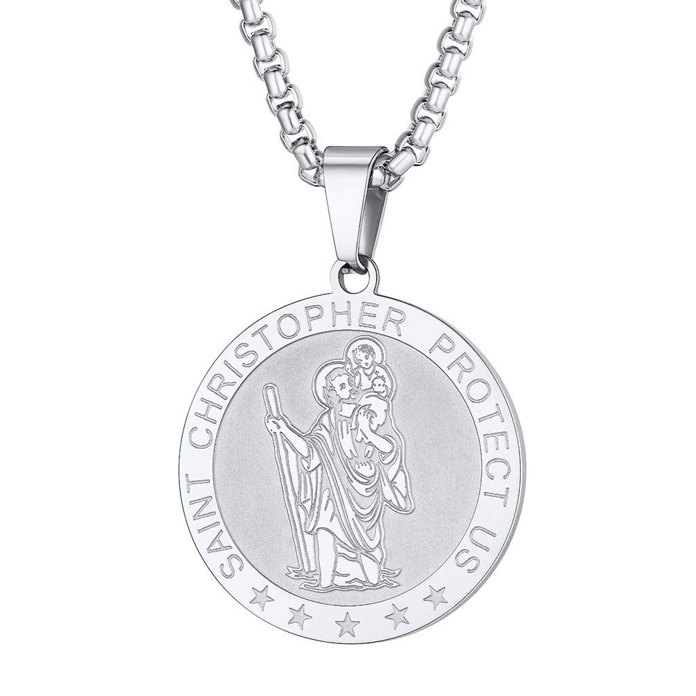 PROSTEEL St Christopher Necklace for Men, Saint Christopher Pendant Chain, Catholic Protection Jewellery Silver Round (With Gift Box)
